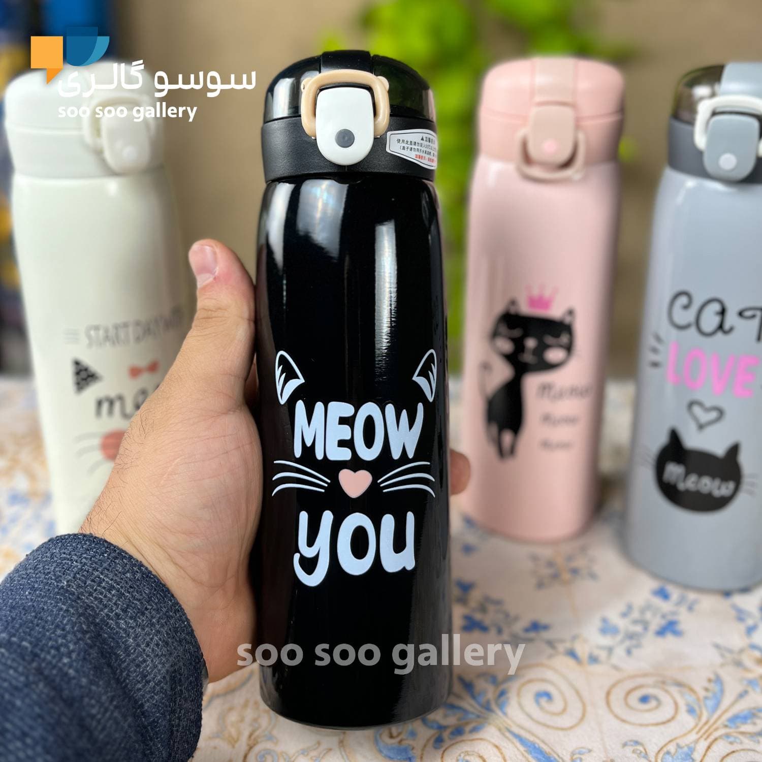 قمقمه استیل کودک نی دار طرح گربه (MEOW) — تصویر ۶
