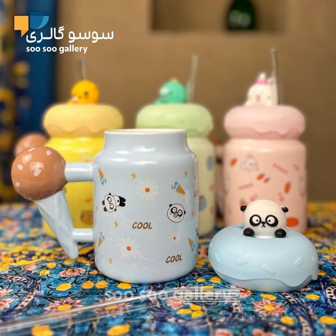 ماگ بستنی قیفی با درب سیلیکونی عروسکی نی دار — تصویر ۲