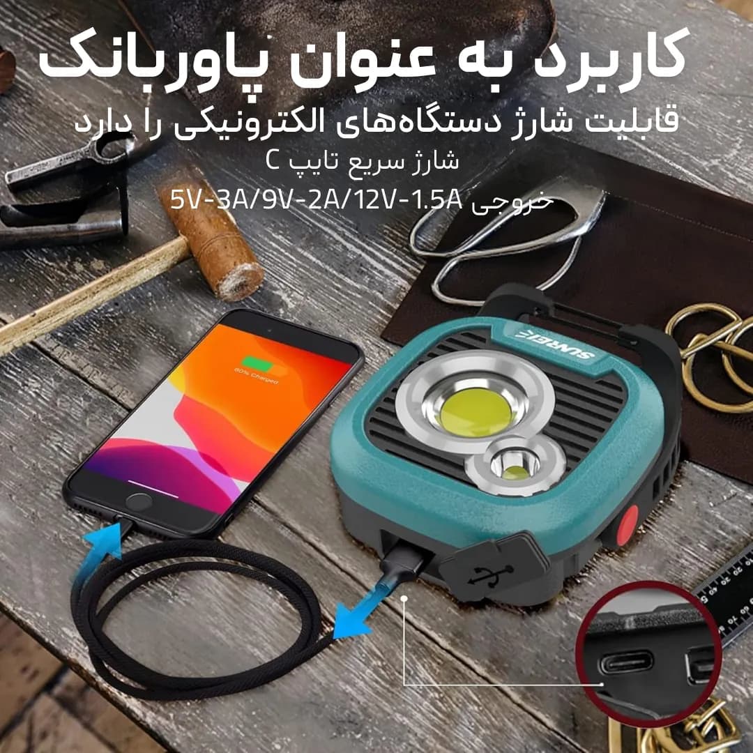 چراغ کمپینگ و کار سانری مدل Sunrei C1600، نورپردازی قدرتمند 1500 لومن، ضدآب و مجهز به پاوربانک — تصویر ۵