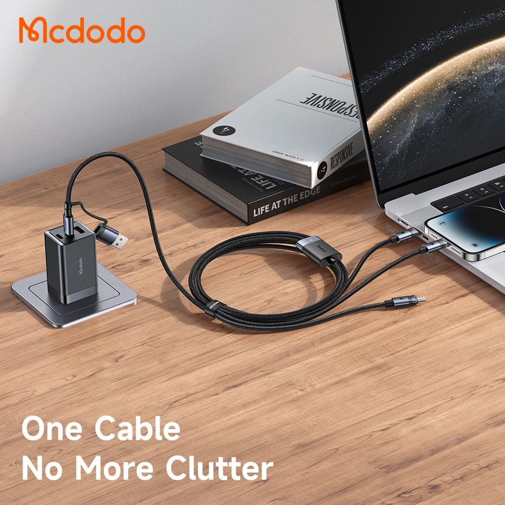 کابل شارژ 2 به 3 چندکاره میکرو + لایتنینگ + تایپ سی 100 وات مک دودو MCDODO CA-7260 طول 1.2متر — تصویر ۶