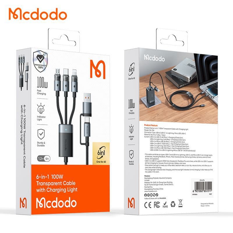 کابل شارژ 2 به 3 چندکاره میکرو + لایتنینگ + تایپ سی 100 وات مک دودو MCDODO CA-7260 طول 1.2متر — تصویر ۴