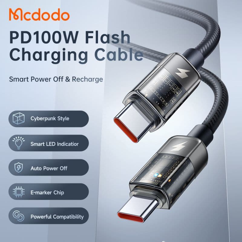 کابل شارژ هوشمند تایپ سی به تایپ سی 100 واتی مک دودو مدل MCDODO CA-2840 طول 120 سانتیمتر — تصویر ۶
