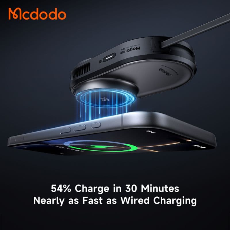 هولدر وایرلس شارژر 25وات+فن خنک کننده+تکنولوژی Qi2.2 مک دودو مدل MCDODO CH-8400 با کابل جمع شونده تایپ سی — تصویر ۸