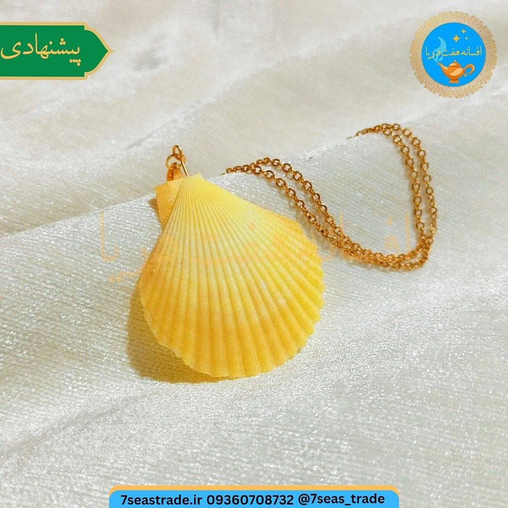 گردنبند فلزی طلایی مدال صدف طبیعی دریا رنگ زرد سایز متوسط صنایع دستی هرمزگان — تصویر ۴