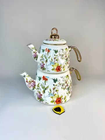 کتری و قوری لعابی طرح گل و پرنده دسته طلایی — تصویر ۲