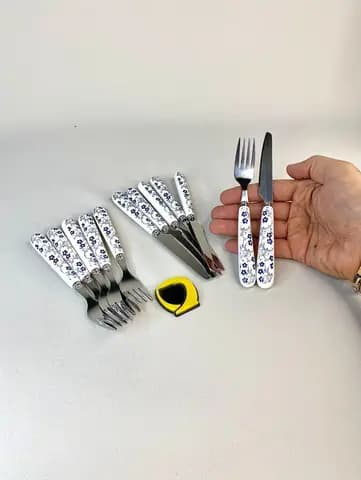چاقو و چنگال میوه خوری دسته سرامیکی گل آبی