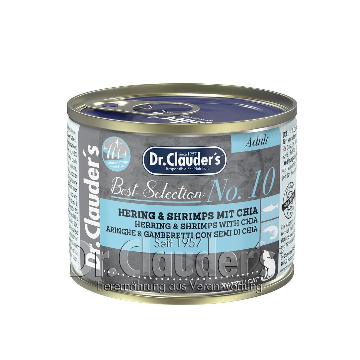 کنسرو گربه بالغ دکتر کلادرز شاه ماهی، میگو و چیا Dr.Clauder’s وزن 200 گرم