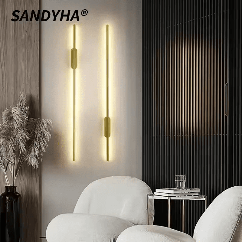 چراغ دیواری LED لولهای خطی ساده و مدرن خارجی طلایی، بالا پایین، پسزمینه روبرو، چراغ دیواری LED کنار تخت، راهرو، دیوارکوب LED طلایی