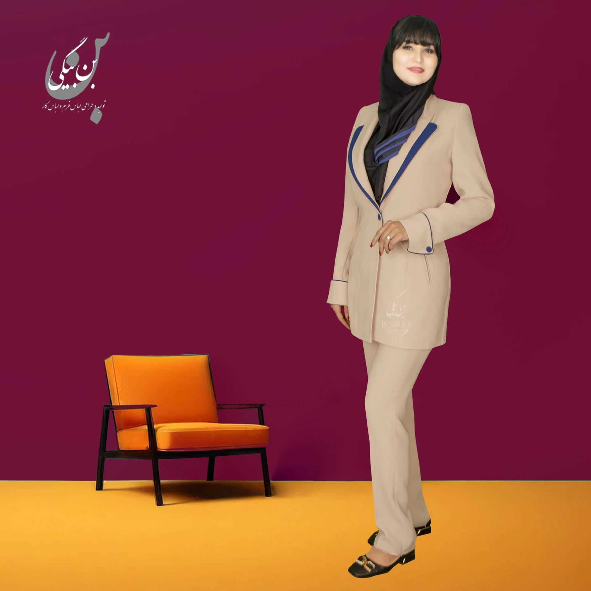 مانتو شلوار اداری کرم خرج کار آبی یقه دابل آرشال تک دکمه پارچه کنزو کد 33476