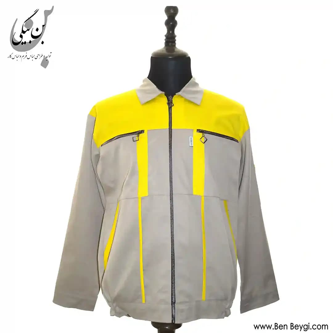 کاپشن کار با شلوار پارچه کجراه زیپ دار دو جیب یقه مردانه رنگ کرم و زرد کد 33419 — تصویر ۶