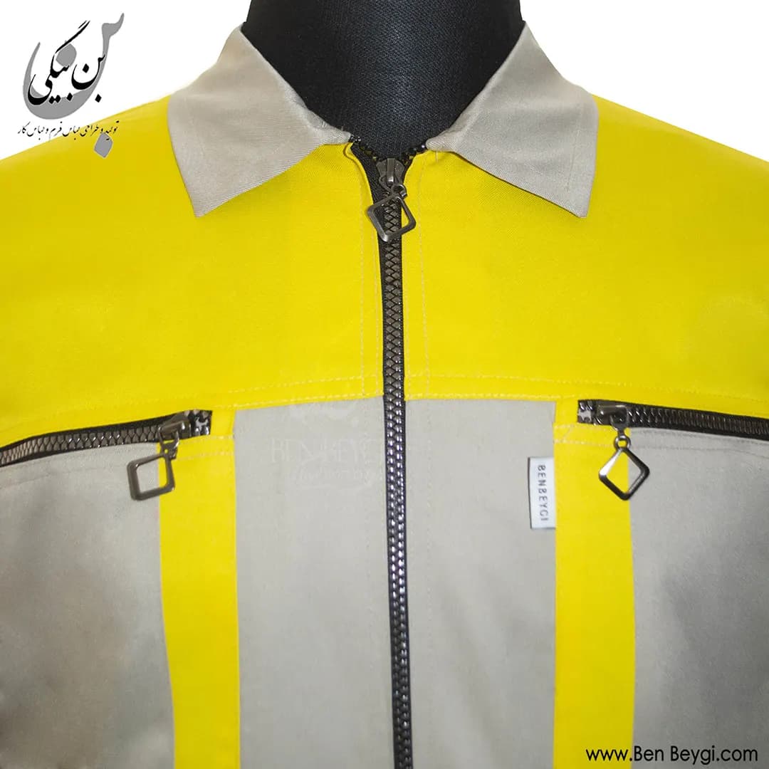 کاپشن کار با شلوار پارچه کجراه زیپ دار دو جیب یقه مردانه رنگ کرم و زرد کد 33419 — تصویر ۴