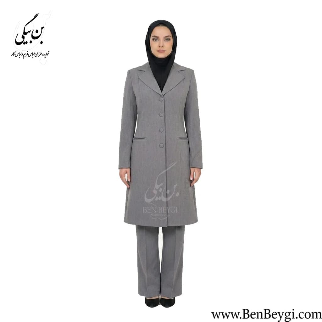 مانتو شلوار اداری طوسی تک دکمه یقه انگلیسی پارچه فیونا کد 31553