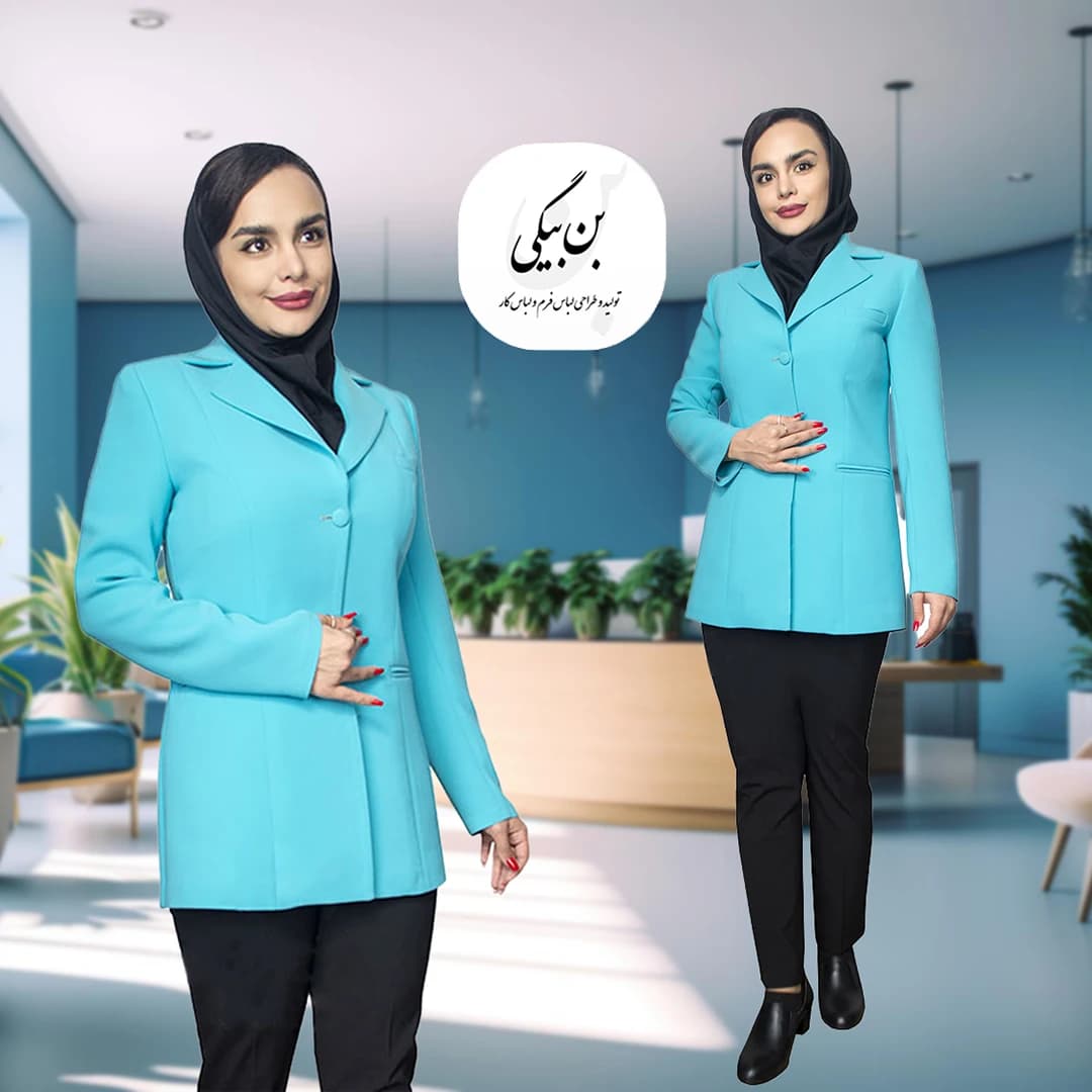 مانتو شلوار اداری آبی نارنگ تک دکمه یقه انگلیسی پارچه کرپ کنزو کد 25897