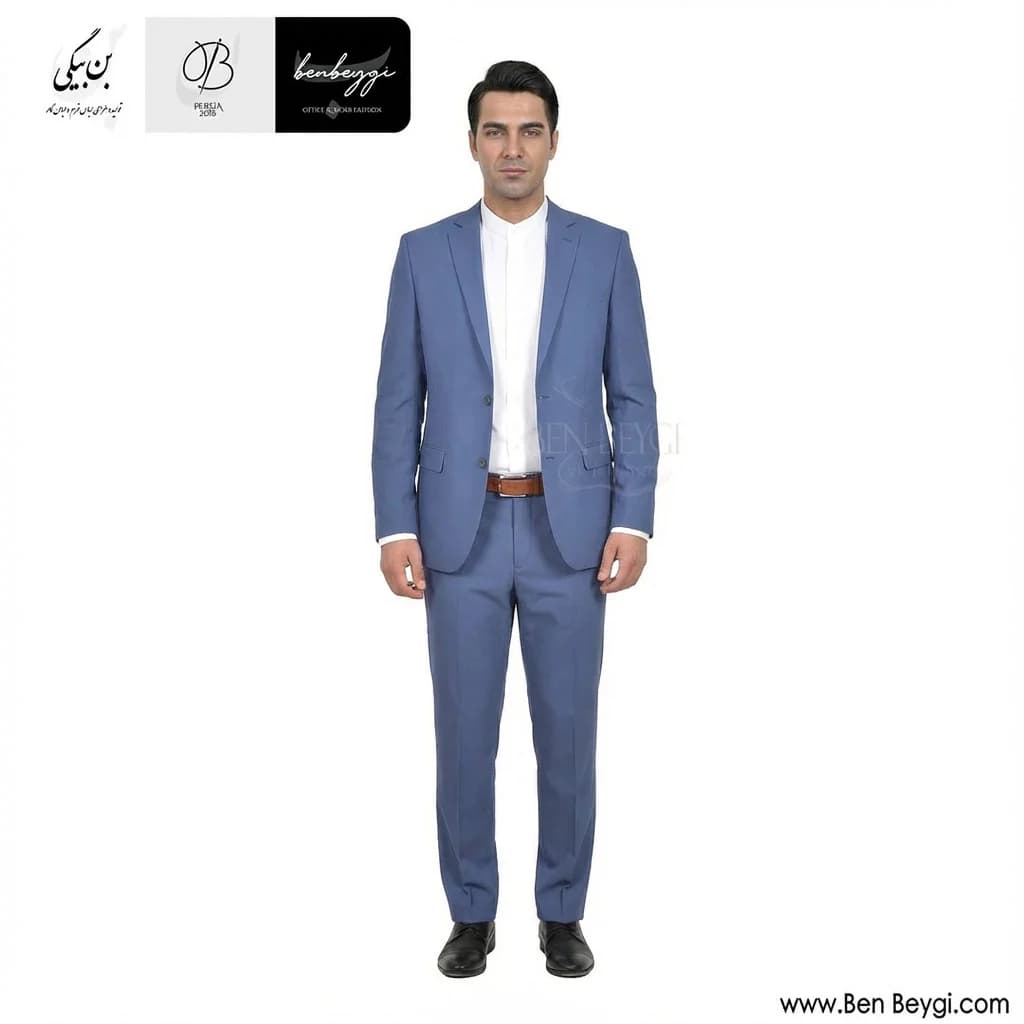 کت و شلوار مردانه اداری پارچه فاستونی رنگ آبی روشن یقه انگلیسی 30562