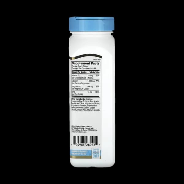قرص کلسیم منیزیم زینک و ویتامین دی 3 قرن بیست و یکم بسته 250 عددی (21st Century Calcium Magnesium Zinc D3 250 Tablets) — تصویر ۲