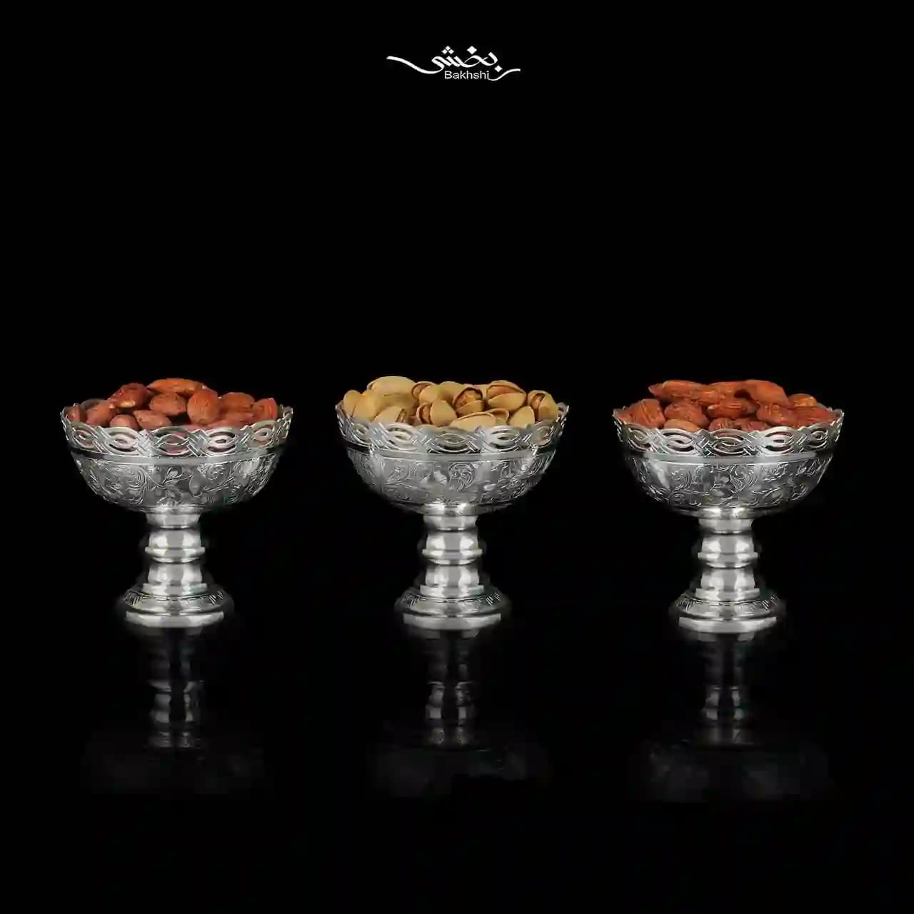 کاسه نقره پایه دار شش عددی قلم تبریز — تصویر ۲