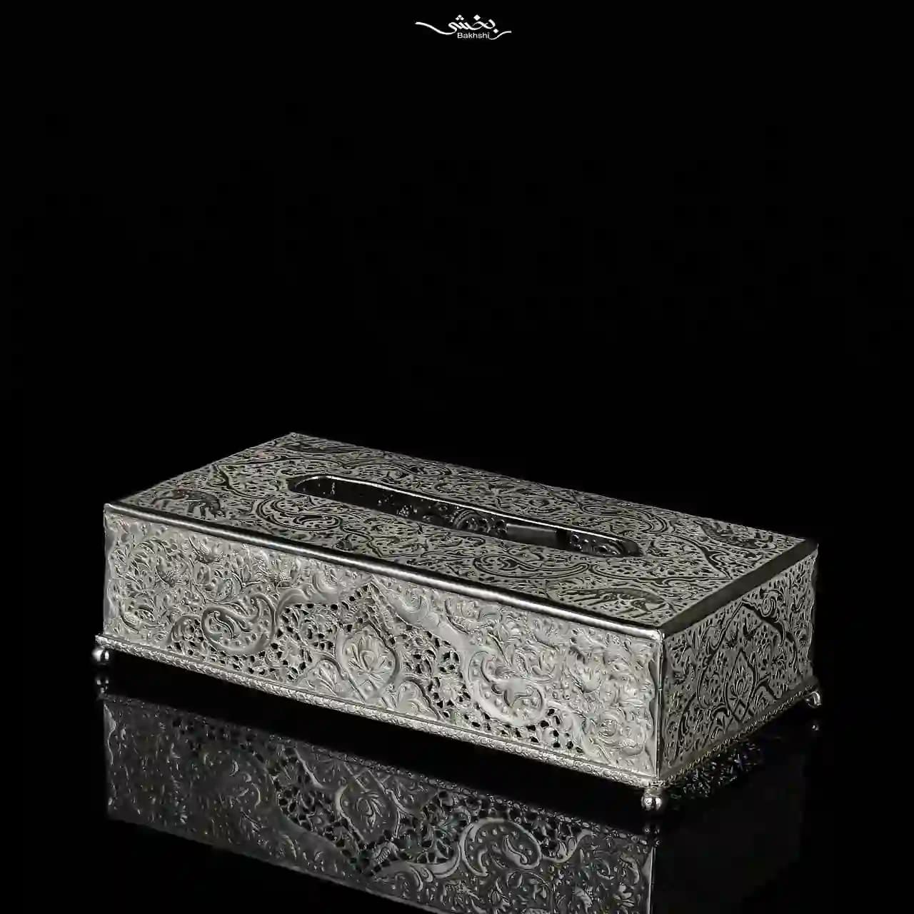 جعبه دستمال کاغذی نقره قلم گل و مرغ — تصویر ۳