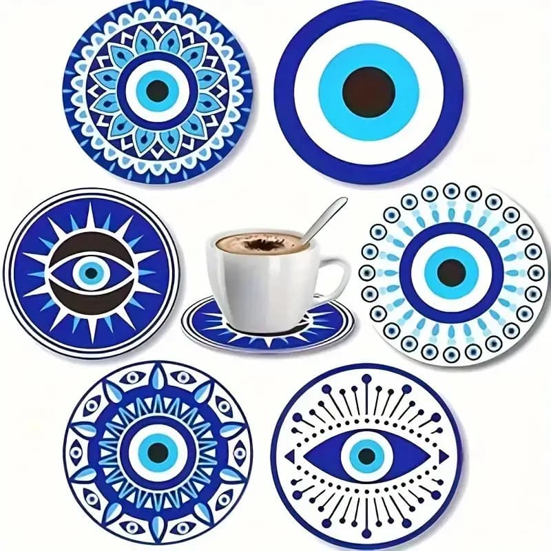 پک زیرلیوانی چوبی ۶ عددی طرح آبی ماندالا و حیوانات