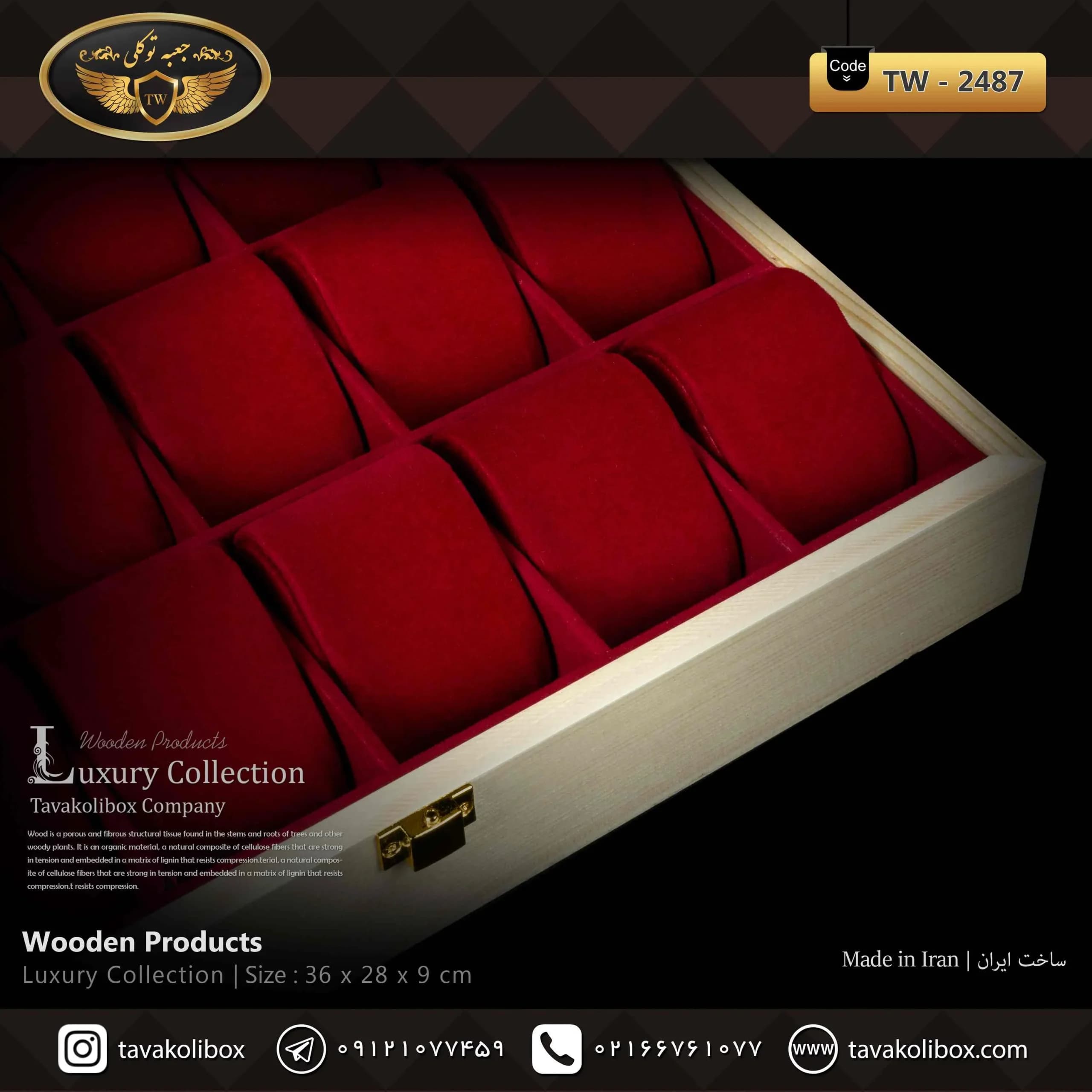 جعبه ساعت 18 خونه لوکس بالشتک لوکس چوب روسی وسط چرم رنگ کرم مدل : TW-2487 — تصویر ۴