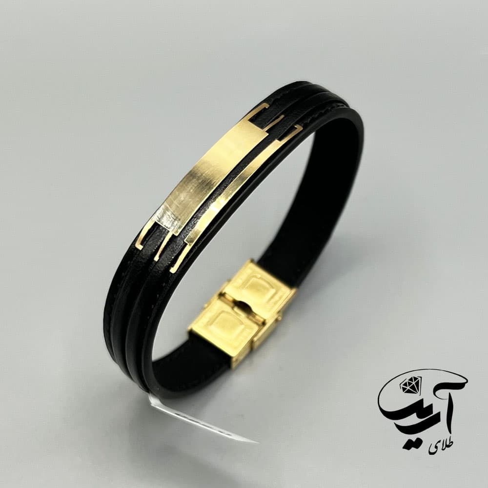 دستبند چرم و طلا مردانه کد 1223 — تصویر ۲