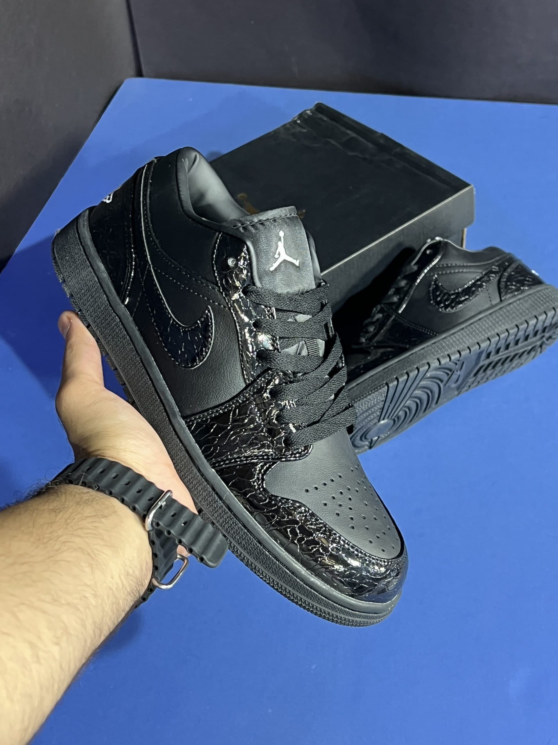 نایک ایر جردن وان لو مشکی ورنی NIKE AIR JORDAN 1 LOW BLACK PATENT ELEPHANT — تصویر ۵