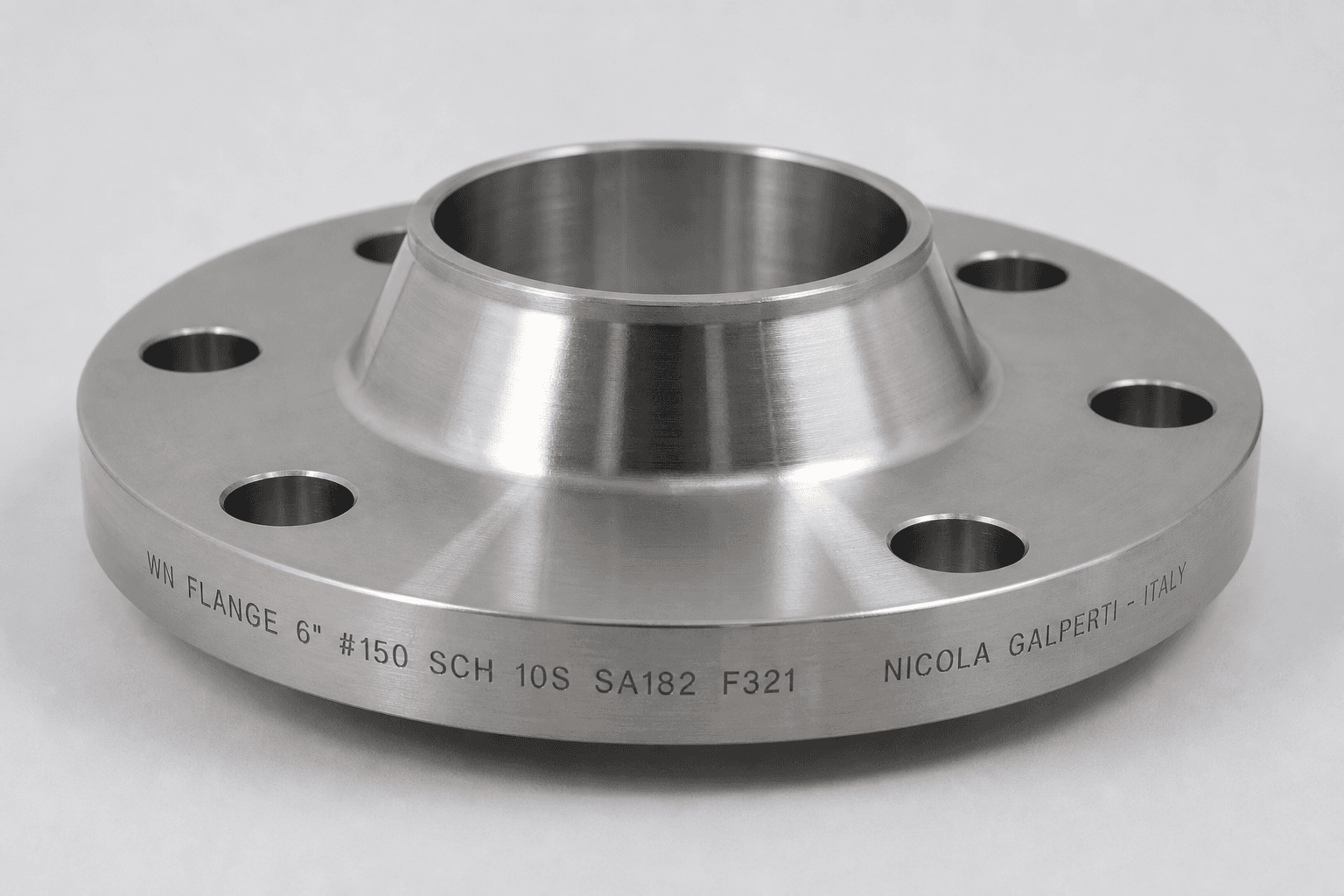 فلنج گلودار استنلس استیل سایز 6 اینچ کلاس 150 رده 10S مدل WN FLANGE 6″ #150 SCH 10S SA182 F321 از برند NICOLA GALPERTI ایتالیا