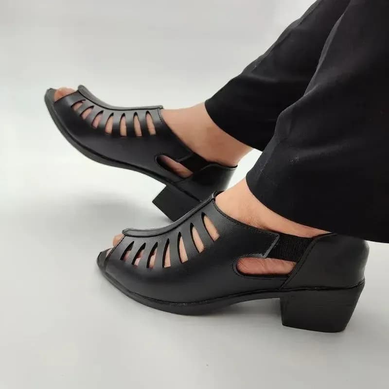 صندل طبی زنانه چرم پاشنه 5 سانت مدل حصیری — تصویر ۸