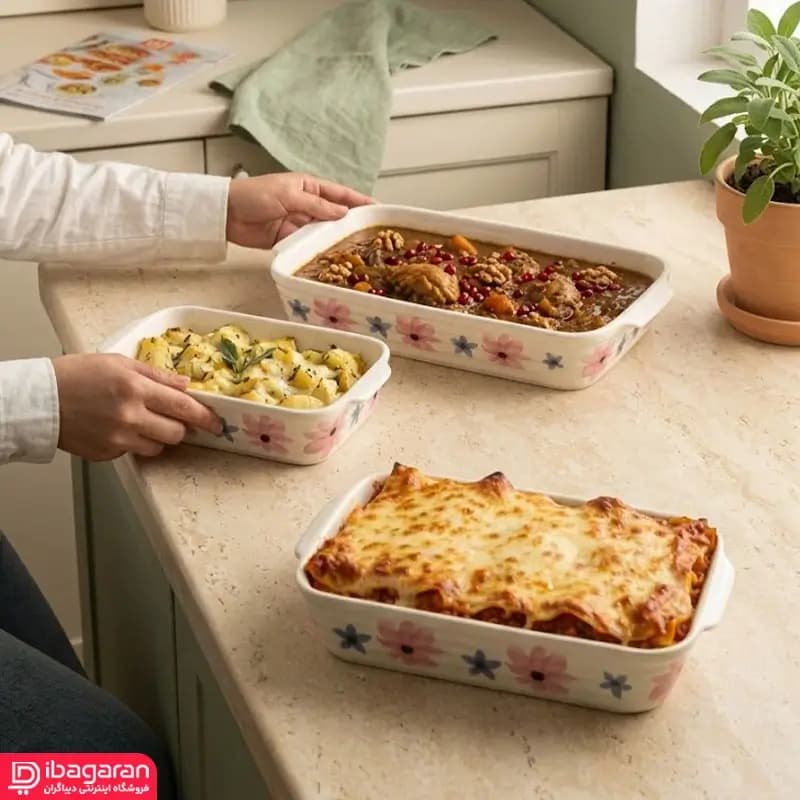 ست 3 عددی مرغ خوری مستطیل طرح گل شکوفه آبی و گل بهاری — تصویر ۶
