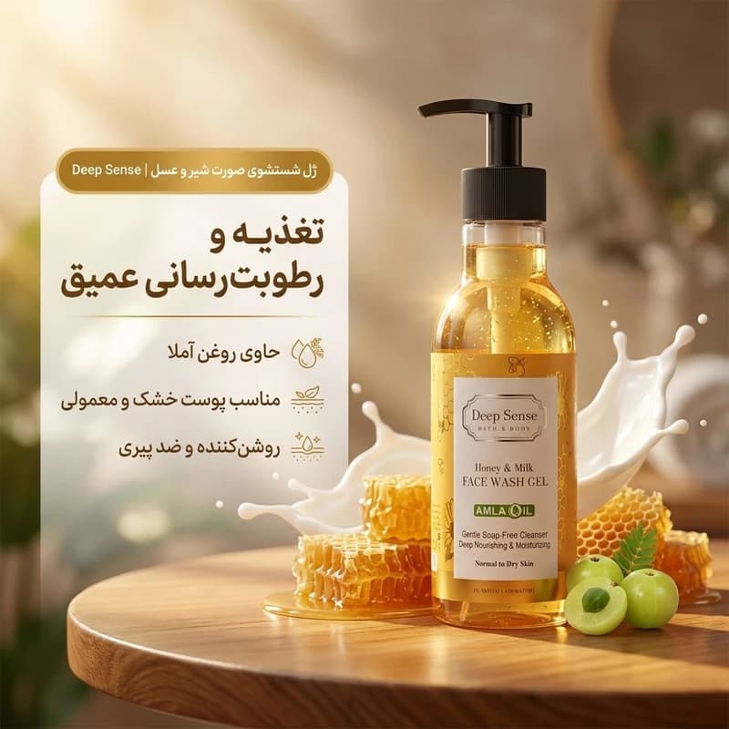 ژل شستشوی صورت دیپ سنس مدل شیر و عسل مناسب پوست های خشک و معمولی حجم 250 میلی لیتر — تصویر ۳