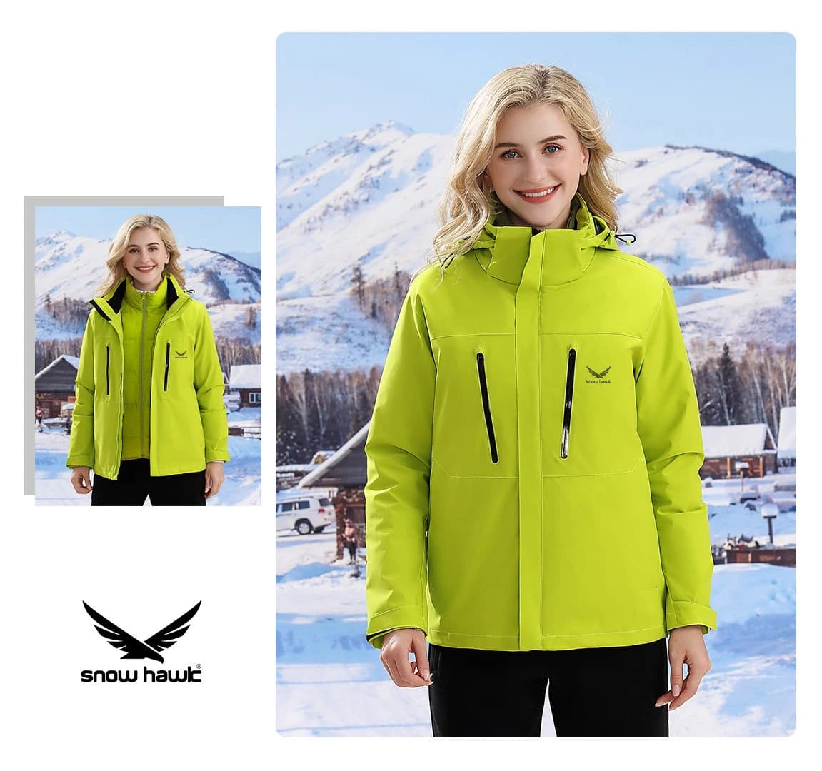 🧥 کاپشن دوپوش پر زنانه و مردانه Snowhawk مدل 68997 | Snowhawk Double Layer Down Jacket 68997 — تصویر ۴
