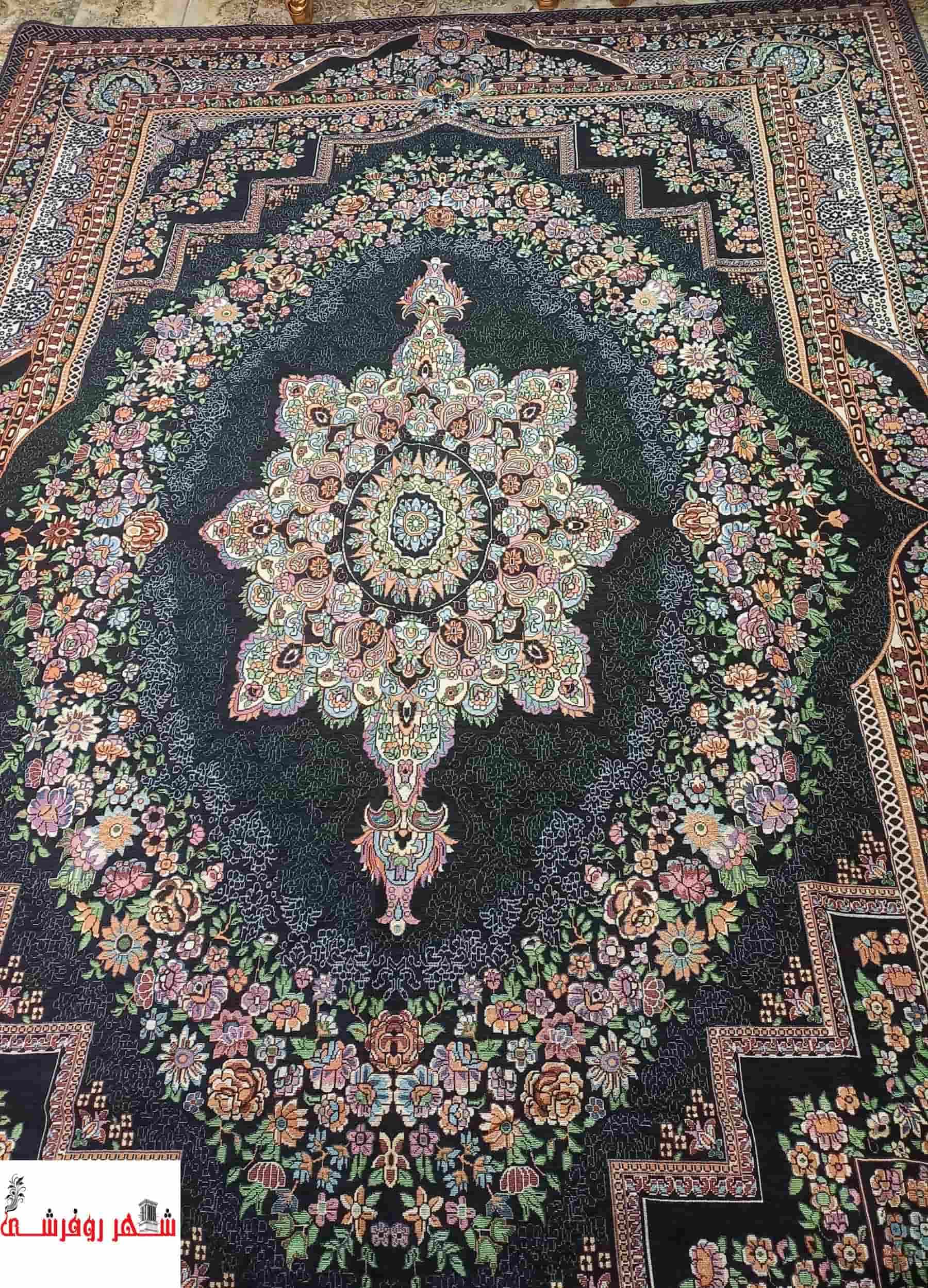 روفرشی یزدی مخمل ابریشم زرکدار شرکت اقبال کد 242 رنگ سرمه ای — تصویر ۲