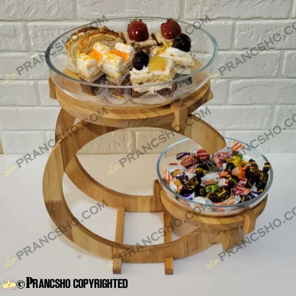 استند شیرینی خوری چوبی دو طبقه راسا شیشه ساده — تصویر ۲