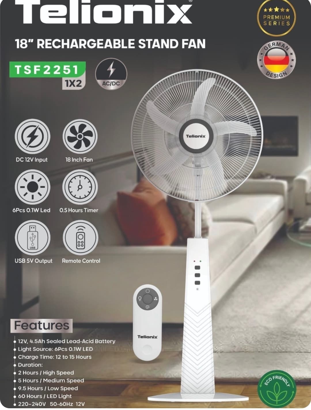 پنکه شارژی تلیونیکس 2251؛ ۱۸ اینچ با باتری و USB — تصویر ۳