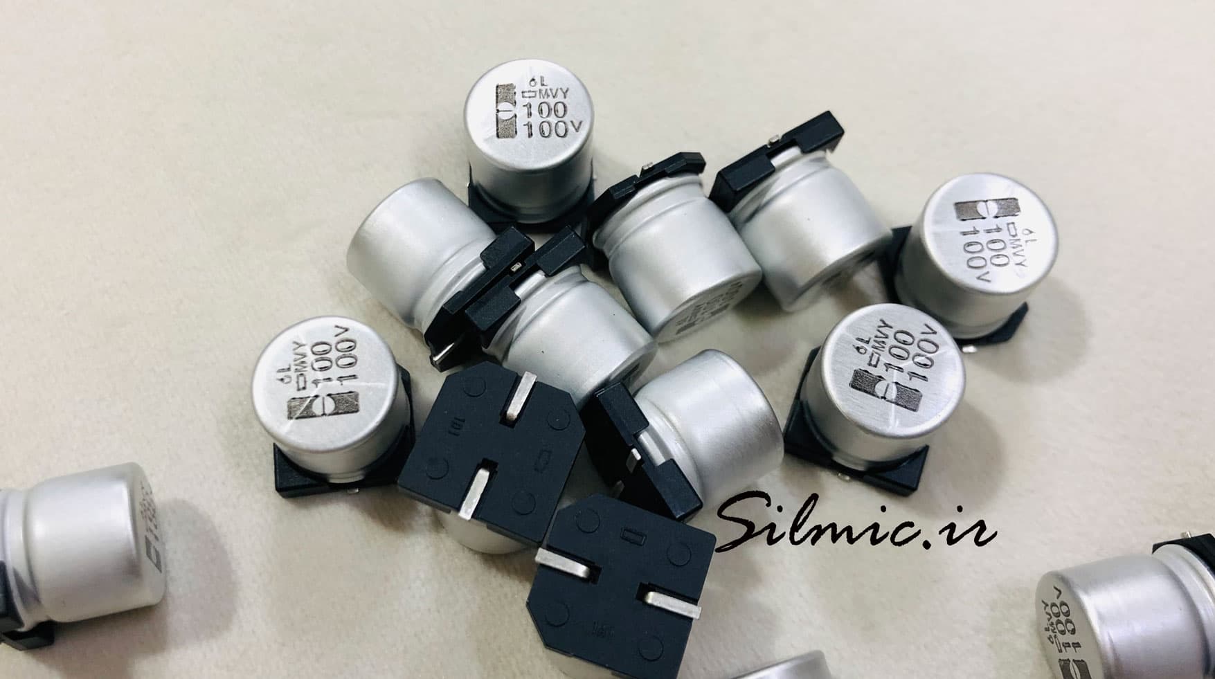 خازن 100 میکرو فاراد 100 ولت SMD ساخت nippon ژاپن سری MVY با ESR کم — تصویر ۲