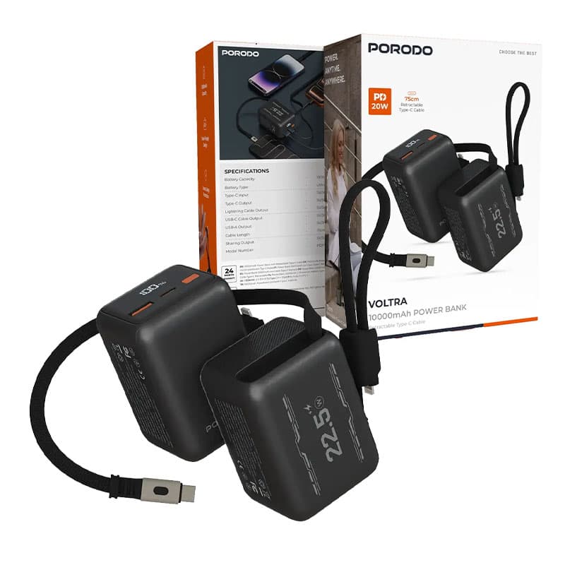 پاوربانک 10000mAh فست کابل متصل پرودو مدل ولترا Porodo Voltra 10000mAh Power Bank 22.5W