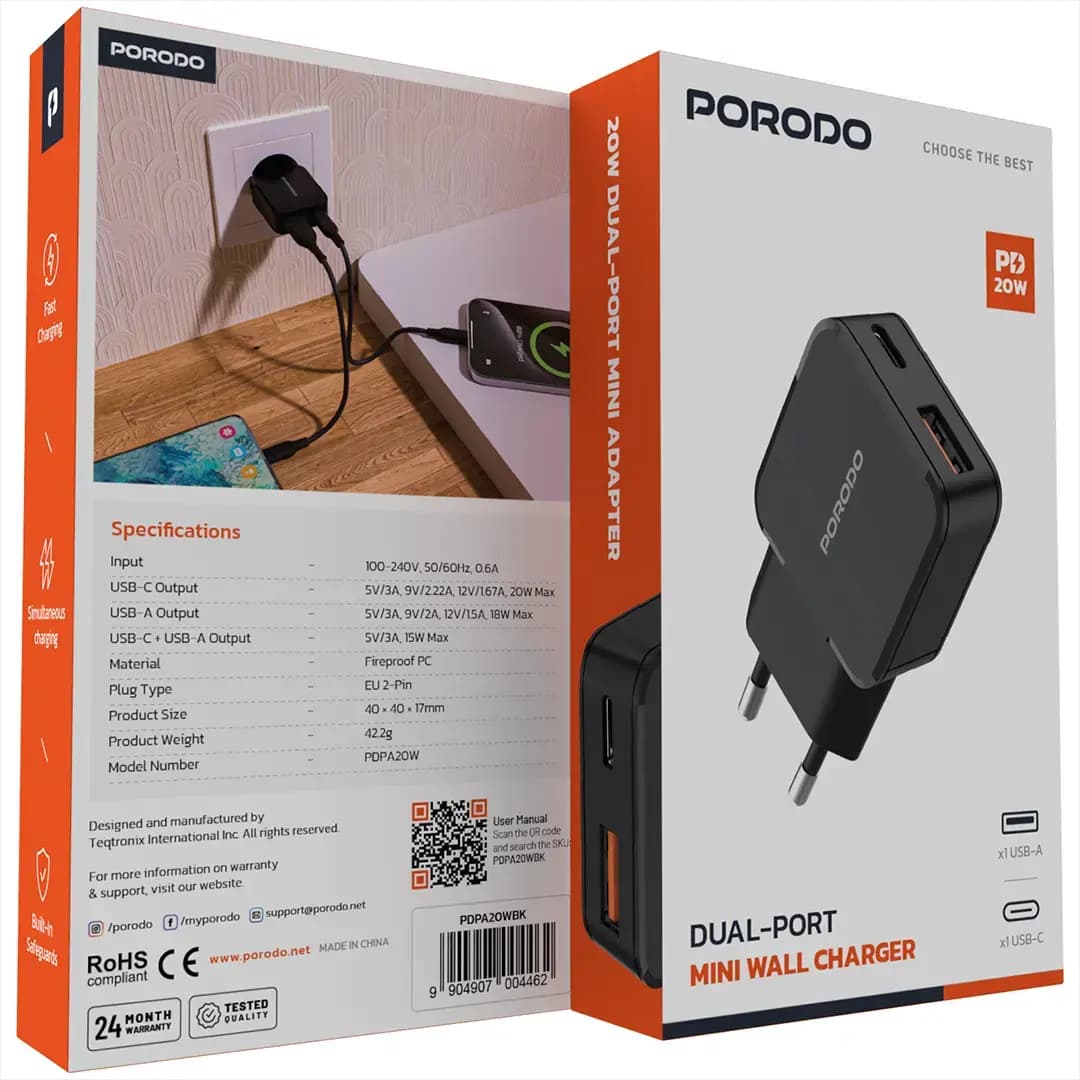 آداپتور شارژر 2 پورت یک پورت PD پرودو مدل Porodo Dual-Port Mini Wall Charger EU-Plug PDPA20W — تصویر ۲