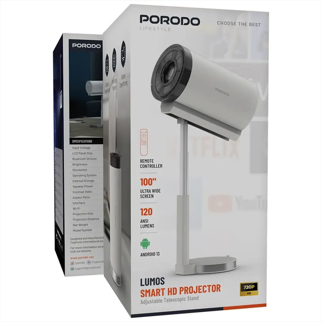 ویدیو پروژکتور هوشمند با کیفیت HD پرودو مدل لوموس Porodo Lifestyle Lumos Smart HD Projector PDTS7 — تصویر ۳