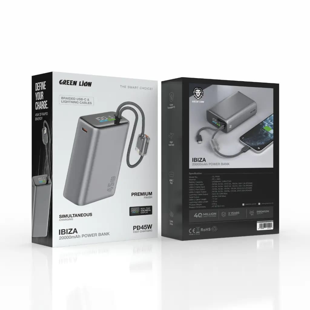 پاوربانک 20000mAH سوپرفست کابل متصل گرین لاین ایبیزا 45 Green Lion Power Bank Ibiza 20000mAH 45W — تصویر ۲