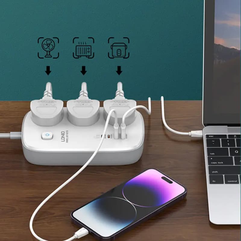چندراهی برق کلیددار 3خروجی AC و 2PD 65w و 2USB با کابل 2متری LDNIO universal Power Socket SC3416 — تصویر ۳