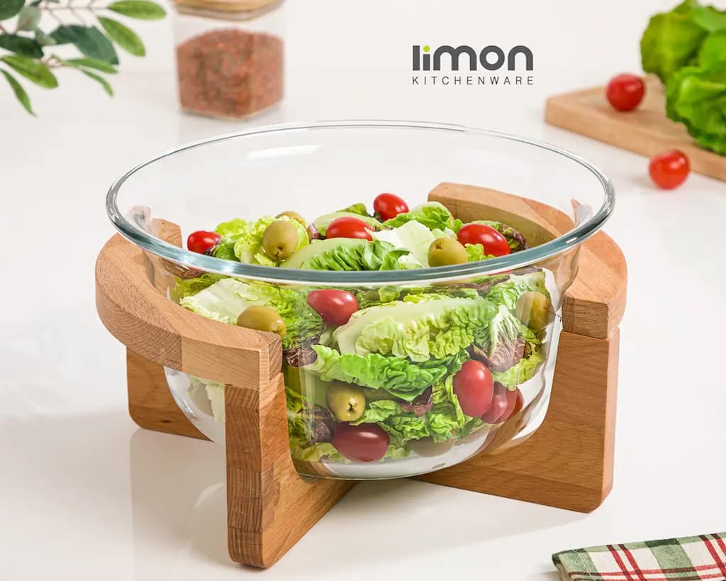 کاسه سرو گرد ۳ لیتری پایه چوبی برند لیمون limon — تصویر ۳
