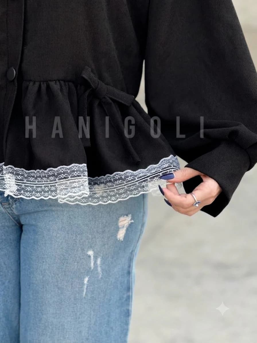 مانتو عروسکی مخمل کبریتی مدل افرا مشکی برند حانی گلی (جلو باز چینچینی) — تصویر ۳