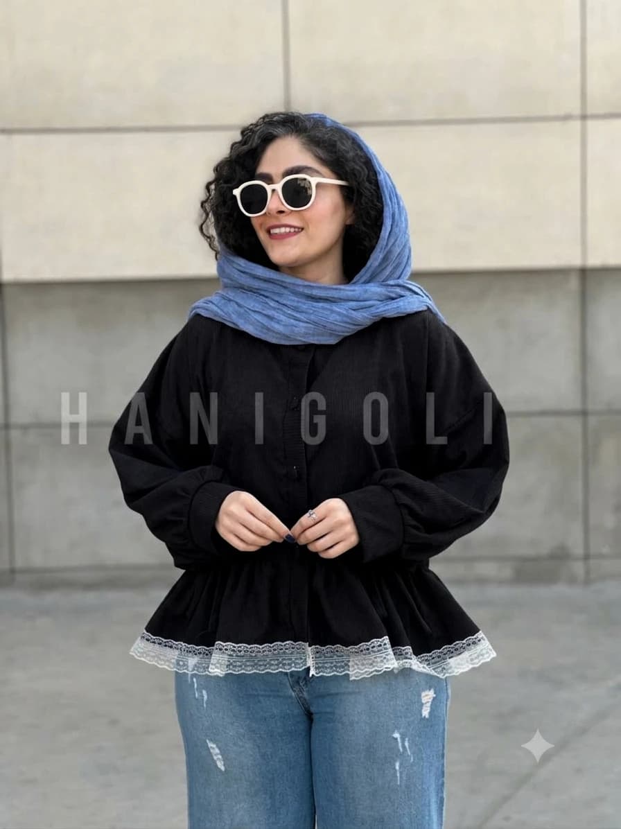 مانتو عروسکی مخمل کبریتی مدل افرا مشکی برند حانی گلی (جلو باز چینچینی) — تصویر ۵