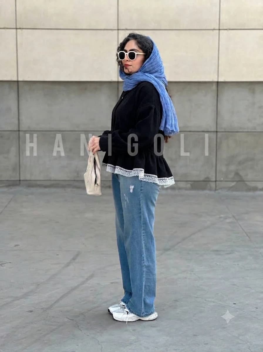 مانتو عروسکی مخمل کبریتی مدل افرا مشکی برند حانی گلی (جلو باز چینچینی) — تصویر ۲