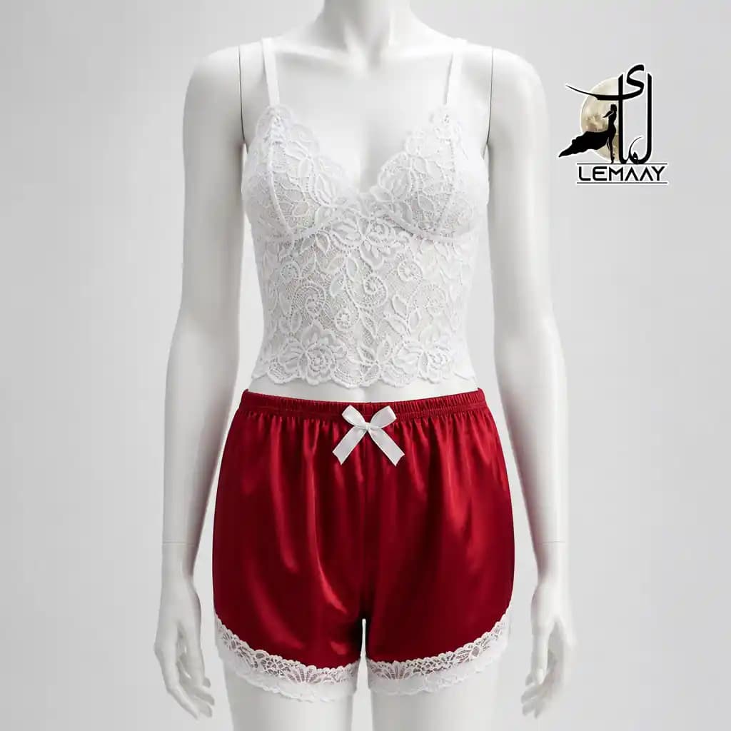 لباس خواب دو تیکه تاپ گیپور و شورتک ساتن برند Victorias Secret کد 18703 — تصویر ۴