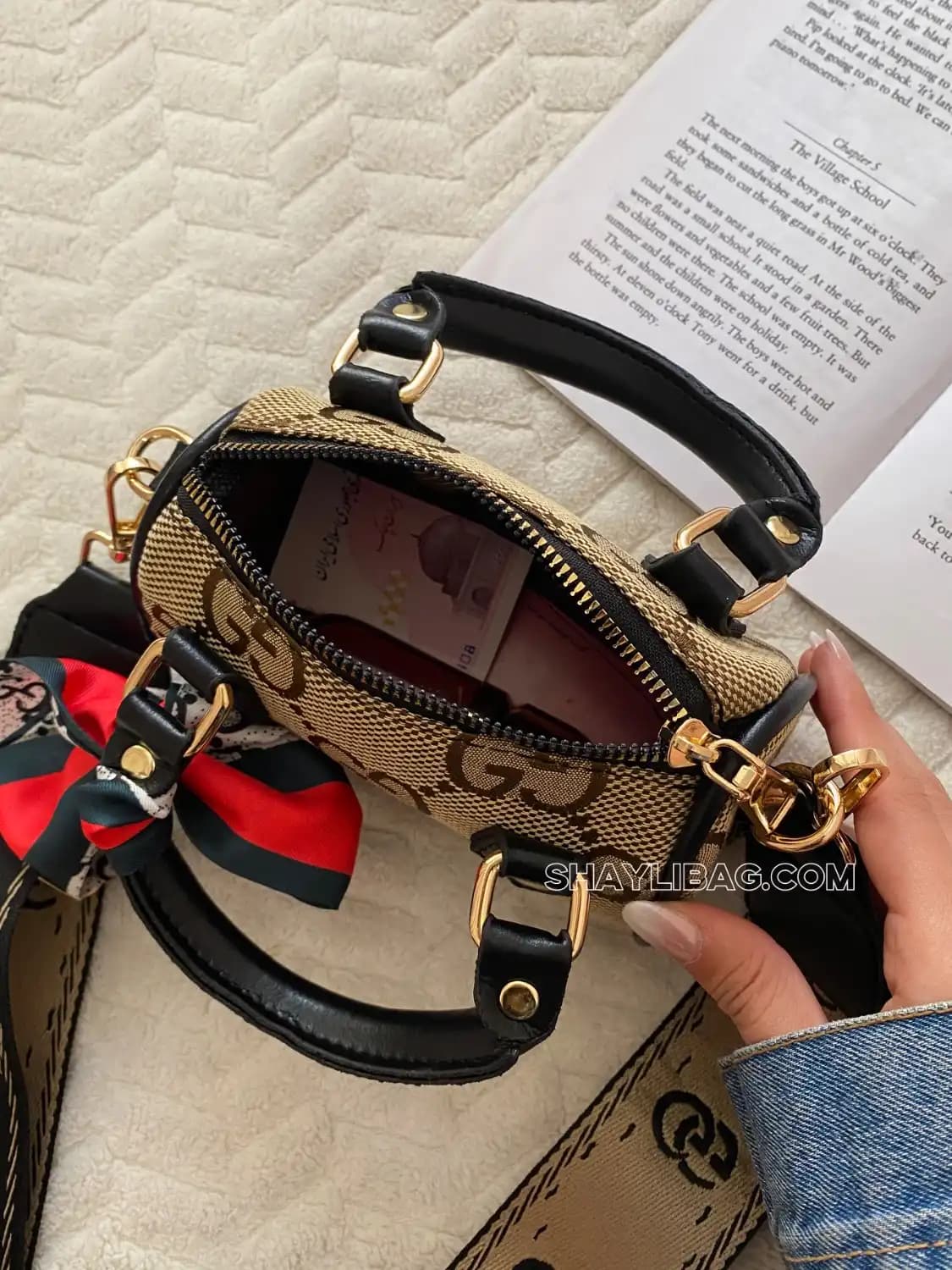 مینی بگ دستی و دوشی زنانه مدل گوچی پارچه ای — تصویر ۳