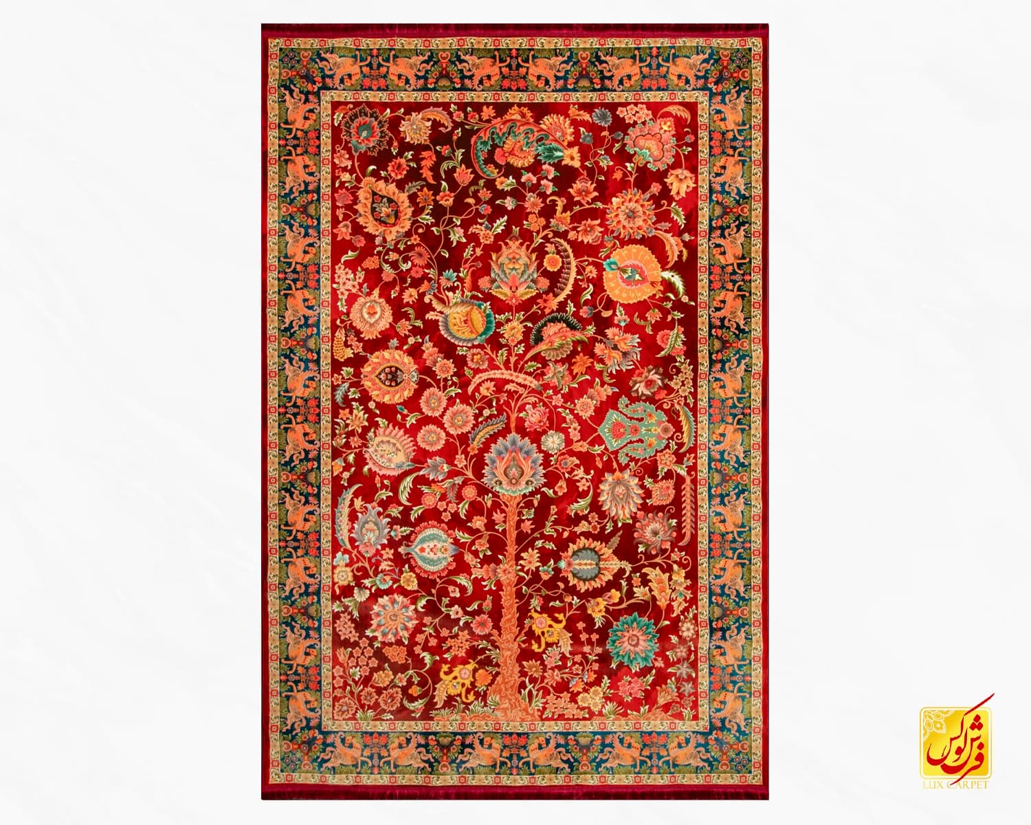 فرش ابریشم ماشینی باغ جاودان L1028 لاکی — تصویر ۲