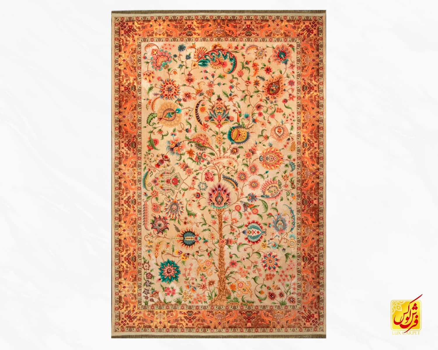 فرش ابریشم ماشینی باغ جاودان L1027 کرم — تصویر ۲