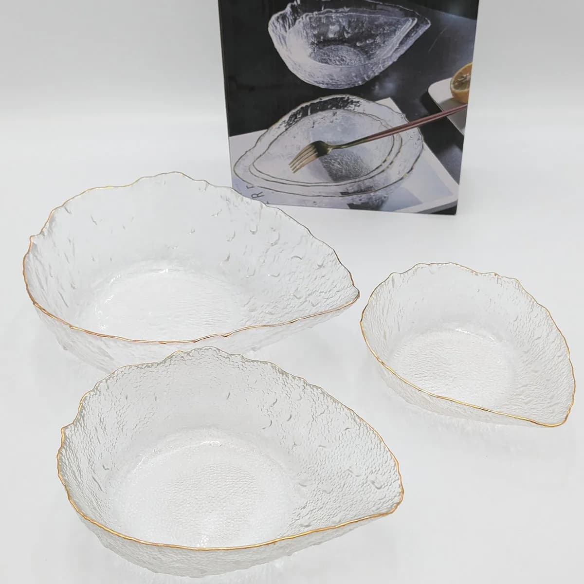 ست ۳ عددی کاسه شیشهای لبه طلایی طرح سنگی مدل Glass Ware