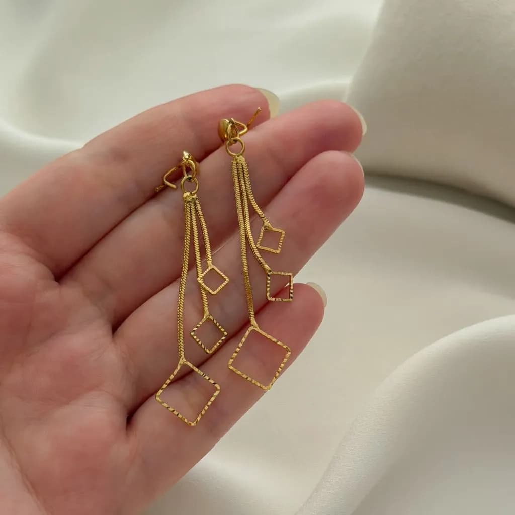 گوشواره آویز بلند مربعی رنگ ثابت سیتی گلد کد 3444 طلایی