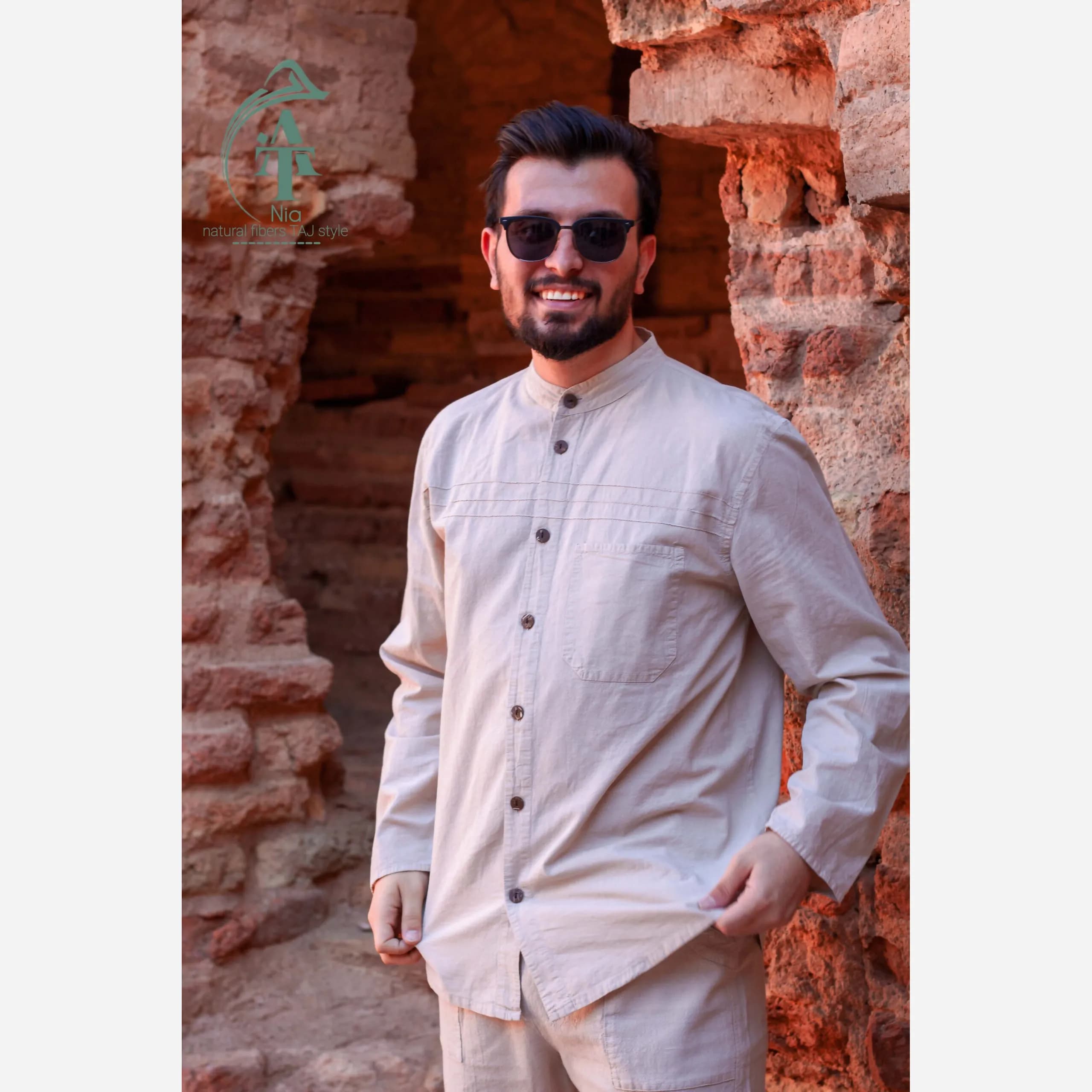 پیراهن مردانه الیاف طبیعی تمام دکمه سه خط رنگ استخوانی — تصویر ۱۱